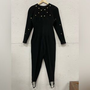 Vintage 80s Brass Gold-Tone Studded Catsuit with Stirrups, Size 5/6, Black